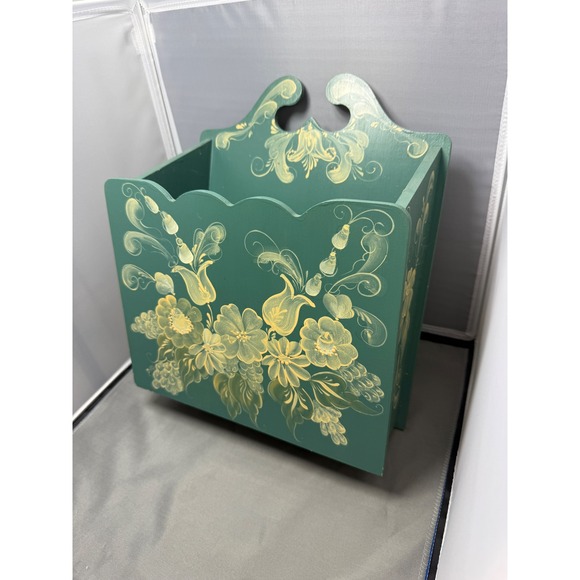 Hand-Painted Rosemaling Wooden Wall Box teal Green Folk Art Mail/ Letter Holder